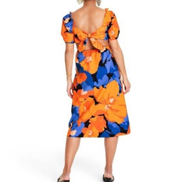 Tabitha Brown for Target Women's Puff Sleeve Tie Back Dress Size 14 Orange Blue - Picture 7 of 15